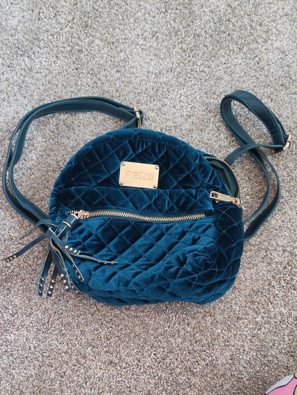 NWOT Bebe Quilted Velvet Mini Backpack in Teal Blue with Gold Hardware